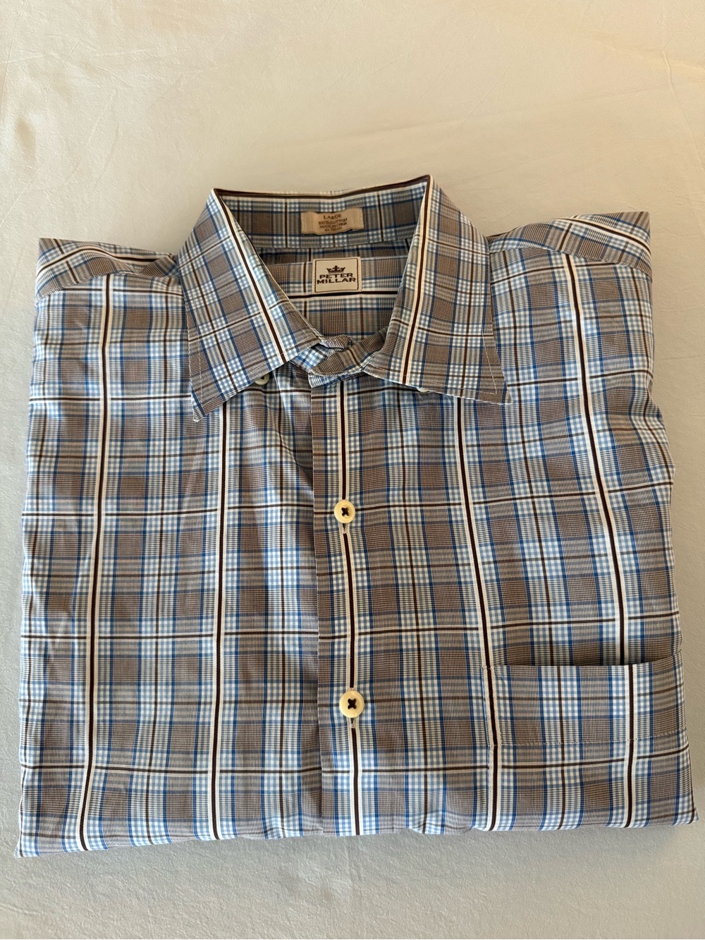 Peter Millar Brown and Blue Plaid Casual Button-Down Shirt